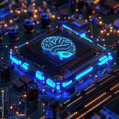 A futuristic 3D rendering of a glowing blue brain circuit on a microchip