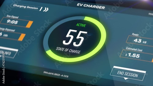 User interface of an electric vehicle charging station with an ongoing session. EV charging interface photo