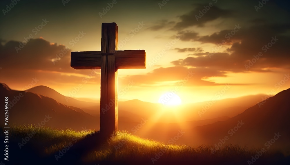 Wooden cross symbolizing the resurrection, set against the backdrop of a sunset.