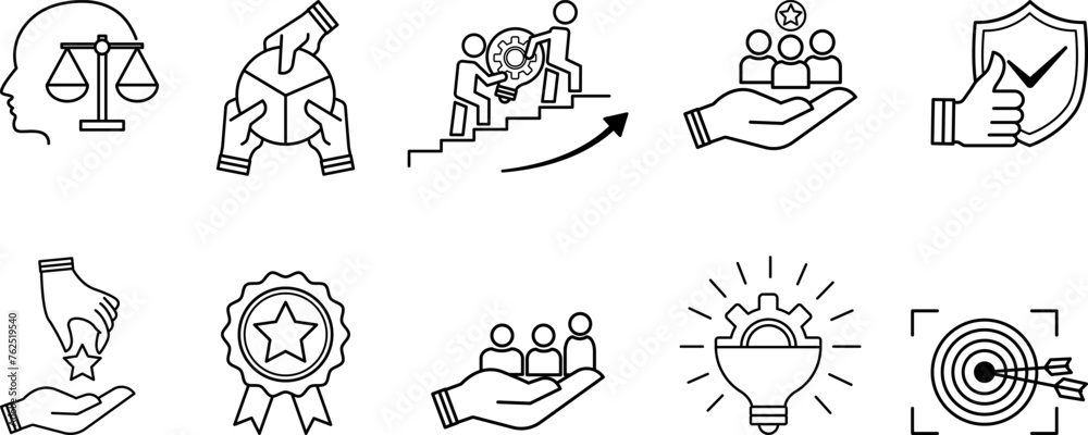 Obraz premium Set of Core Values Icons. Vector Icons Commitment, Innovation, Customers, Teamwork, Honesty, Goals, Responsibility, Reliability, Quality, and Inclusion