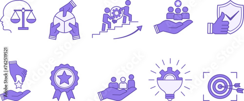 Colored Set of Core Values Icons. Vector Icons Commitment, Innovation, Customers, Teamwork, Honesty, Goals, Responsibility, Reliability, Quality, and Inclusion