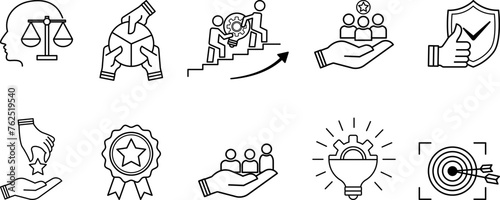 Set of Core Values Icons. Vector Icons Commitment, Innovation, Customers, Teamwork, Honesty, Goals, Responsibility, Reliability, Quality, and Inclusion