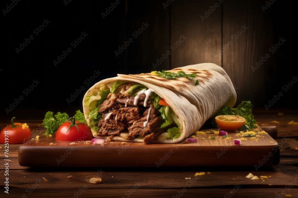 Refined shawarma on a wooden board against a painted acrylic background Refined shawarma on a wooden board against a painted acrylic background