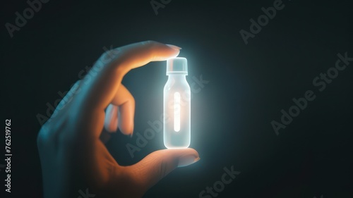 Female hand holding a little white glowing glass bottle created with Generative AI