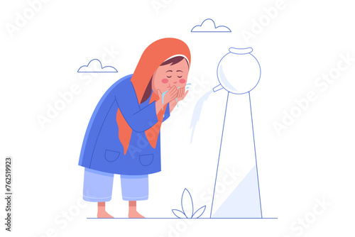 Cute Muslim Kids Boy Performing Ablution vector Illustration