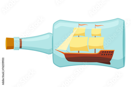 Ships in bottle. Glass with object inside. Miniature model of marine vessel. Hobby craft work and sea theme. Decorative marine souvenir  sailing craft