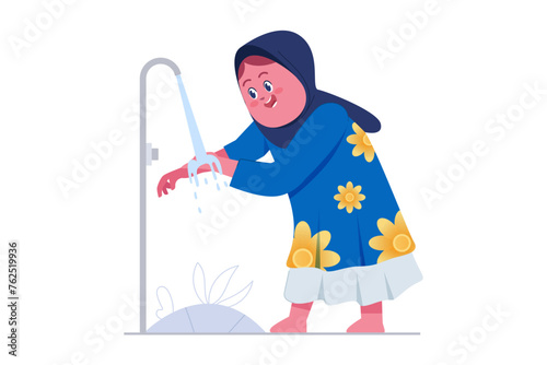 Cute Muslim Kids Boy Performing Ablution vector Illustration