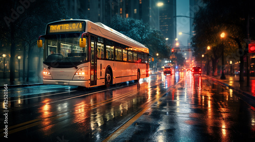 A city bus in the rain, with the reflections on wet streets and the glow of city lights creating a captivating HDR image.