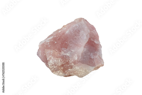 Rough rose quartz crystal rock specimen isolated on white background.