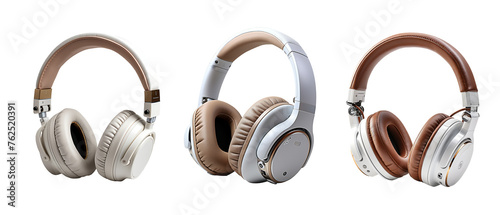 Three pairs of white headphones in assorted styles on white background