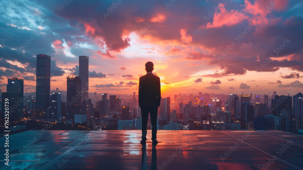 Silhouette of a man facing city sunset