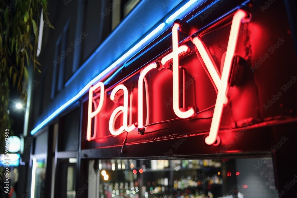 A neon sign showing the word Party on a wall.