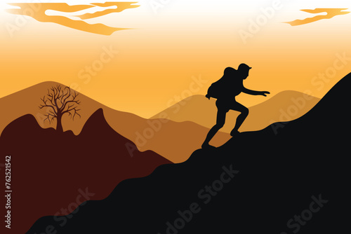Vector climber silhouette dusk mountain view background.