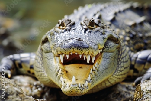 Close up of a dangerous crocodile with a wide open mouth.