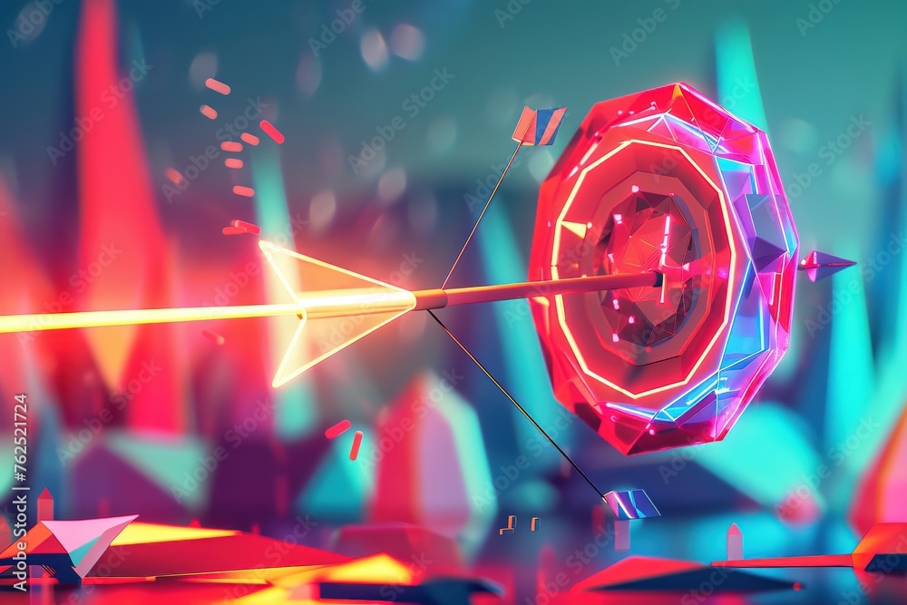 Design a digital artwork showcasing the fusion of points and polygons in a hologram arrow hitting a polygonal target Design a digital artwork showcasing the fusion of points and polygons in a hologram arrow hitting a polygonal target
