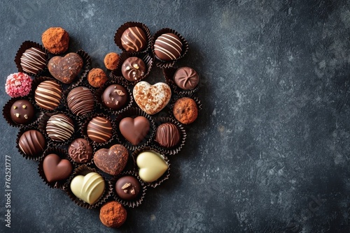 Top view of chocolate pralines in a heart shape with copy space.