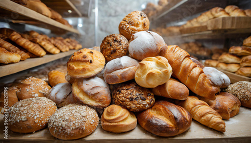 Lebensmittel, Backwaren, viele verschiedene Gebäckstücke in einer Bäckerei, KI generiert