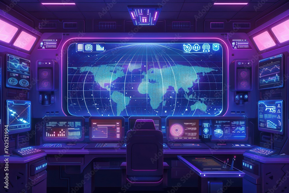 Futuristic command center with World Map hologram and cyber-enhanced UI