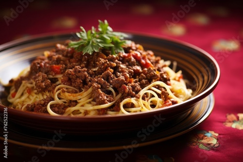 Hearty spaghetti bolognese in a clay dish against a patterned gift wrap paper background