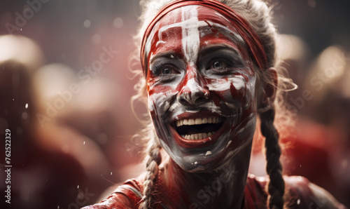 Portrait of a passionate female Denmark fan celebrating at a UEFA EURO 2024 football match, her face painted with the colors and patterns of the Denmark flag, radiating enthusiasm and national pride