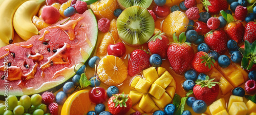 a variety of tropical fruits and berries. Watermelon, banana, pineapple, strawberry, orange, mango, blueberry photo