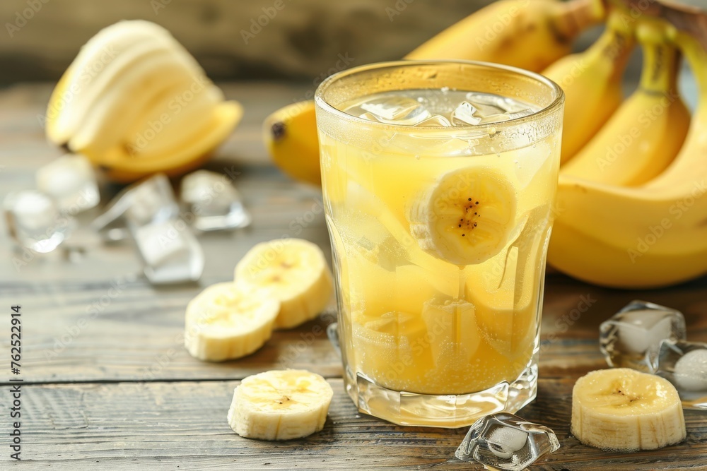 Glass of cold banana drink with ice on wooden table with fruit. Elevated view. Horizontal composition. Glass of cold banana drink with ice on wooden table with fruit. Elevated view. Horizontal composition.