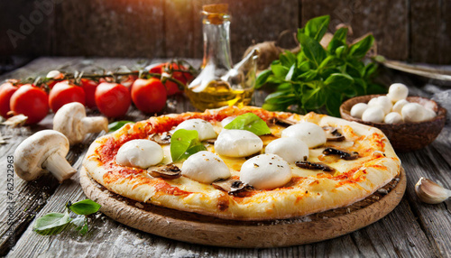 Lebensmittel, eine fertige Pizza mit Champignon und Mozzarella Käse, KI generiert