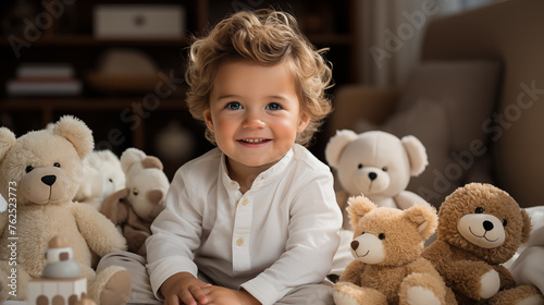 Little cute child in the room with different toys, soft focus background