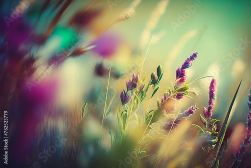 Abstract Grassland Symphony - Enchanted Colorful Meadow Macro: A Close-Up of Nature's Palette