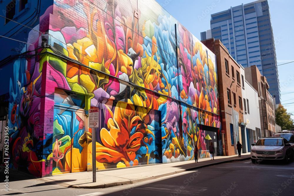 Fototapeta premium Indulge your senses in the vibrant tapestry of a city street art mural alive with energy.