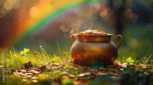 St. Patrick's Day and the Leprechaun coin jar concept, with a rainbow on the green space indicating where the leprechaun hides the treasure. Patron saint of Ireland 