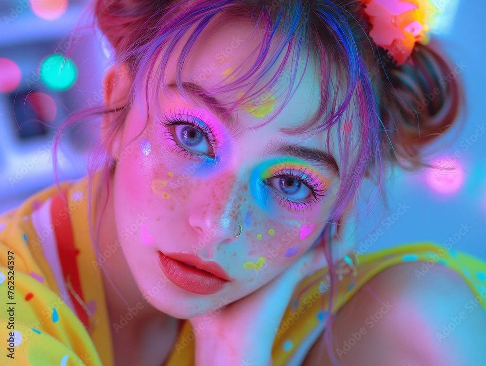 A teenager experimenting with colorful makeup looks in her bedroom