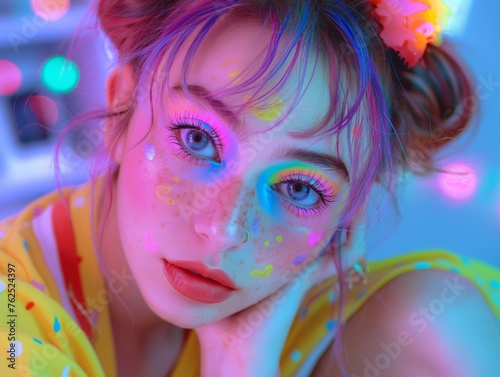 A teenager experimenting with colorful makeup looks in her bedroom
