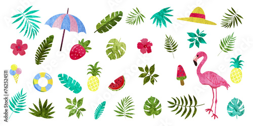 Set of summer icons. Watercolor tropical vector illustration. Flamingo  tropical palm leaves  fruits  ice cream. Summertime poster  scrapbooking elements.