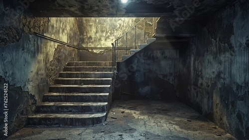 Dimly lit underground basement with decaying stairs and doorway