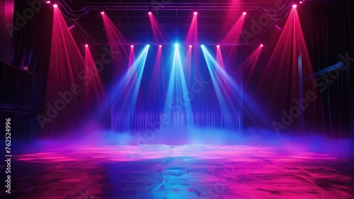 Immersive stage with blue and pink neon lights - This image showcases an empty stage with striking neon lighting  evoking feelings of anticipation and excitement for a performance