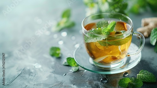 Mint tea in a transparent cup with a saucer - Crystal clear tea with mint leaves in a transparent cup on a glass saucer, with water droplets around