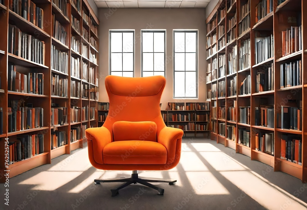 3d render of a modern library and orange chair