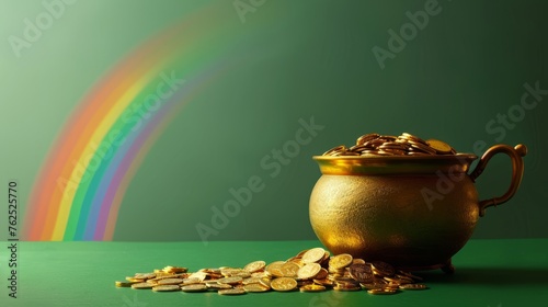 St. Patrick's Day and the Leprechaun coin jar concept, with a rainbow on the green space indicating where the leprechaun hides the treasure. Patron saint of Ireland 