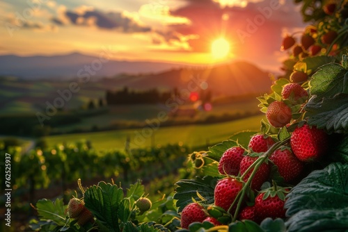 a strawberry bunch in a italian strawberry farm at sundown