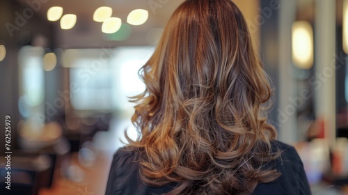 Female client's hair from behind, showing hairstyle and color, against blurred beauty salon interior