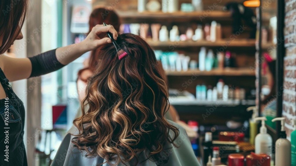 Female client's hair from behind, showing hairstyle and color, against blurred beauty salon interior Female client's hair from behind, showing hairstyle and color, against blurred beauty salon interior