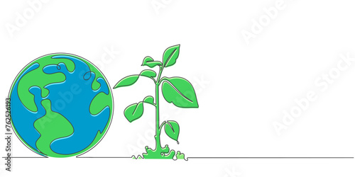 earth globe with plant leaves line art style vector illustration, earth day, environment day illustration 