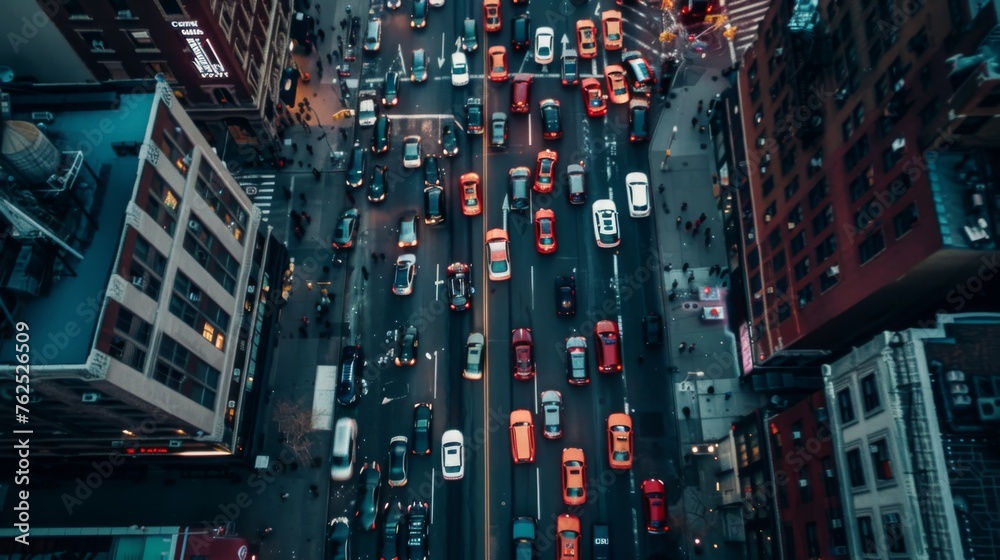 Busy intersection with cars stuck in a traffic jam, surrounded by tall buildings and streetlights