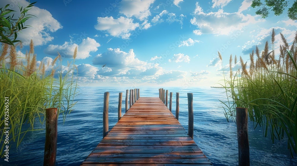 Serene waterfront dock with a clear sky leading to tranquility and peaceful relaxation - obrazy, fototapety, plakaty 