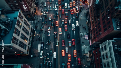 Busy intersection with cars stuck in a traffic jam, surrounded by tall buildings and streetlights