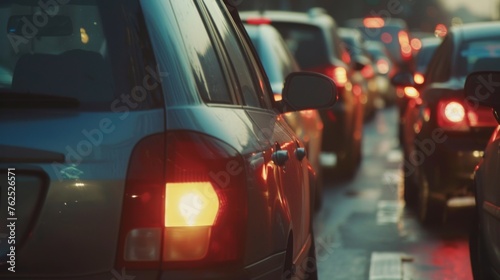 Close-up shot of cars lined up bumper-to-bumper in a traffic jam
