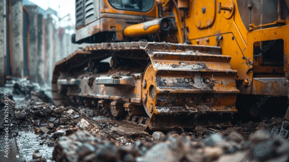 Close-up shot of a bulldozer's tracks and blade, covered in dirt and debris Close-up shot of a bulldozer's tracks and blade, covered in dirt and debris