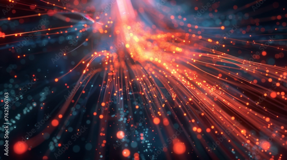 Optical fibers emerging from a deep, dark space, against a backdrop of glowing technological elements