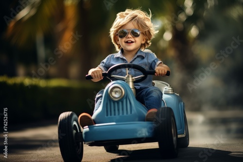 Miniature Small boy riding car speed. Big automobile. Generate Ai
